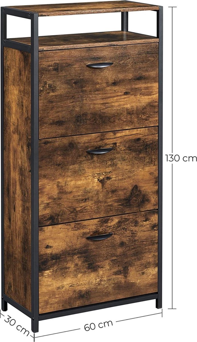 Schoenenkast, schoenenrek, met 3 kleppen, schoenopslag, voor 15-18 paar schoenen, 60 x 30 x 130 cm, vintage bruin-zwart