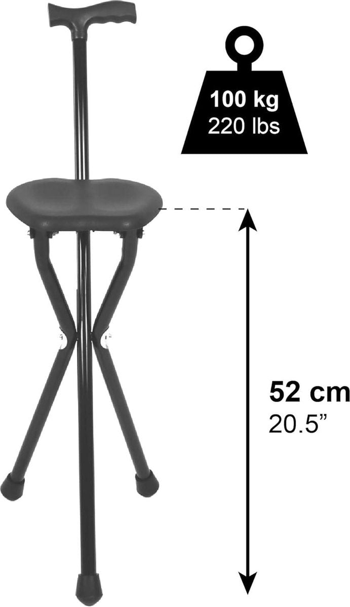 Walking Stick with Seat for Seniors - Height 89 cm Non-Adjustable - Foldable - Black Walking Stick