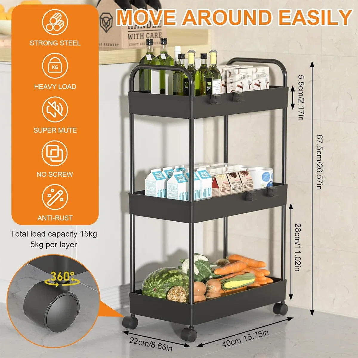 3-laags keukenwagen, serveerwagen, opbergwagen, verrijdbare snackwagen, badkamerwagen, multifunctionele trolley met handvat, haken, rolwagen, nisrek op wielen, voor keuken, slaapkamer