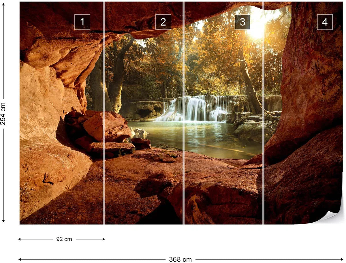 Fotobehang - Vliesbehang - 3D Uitzicht op de Waterval in het Bos vanuit de Grot - 368 x 254 cm