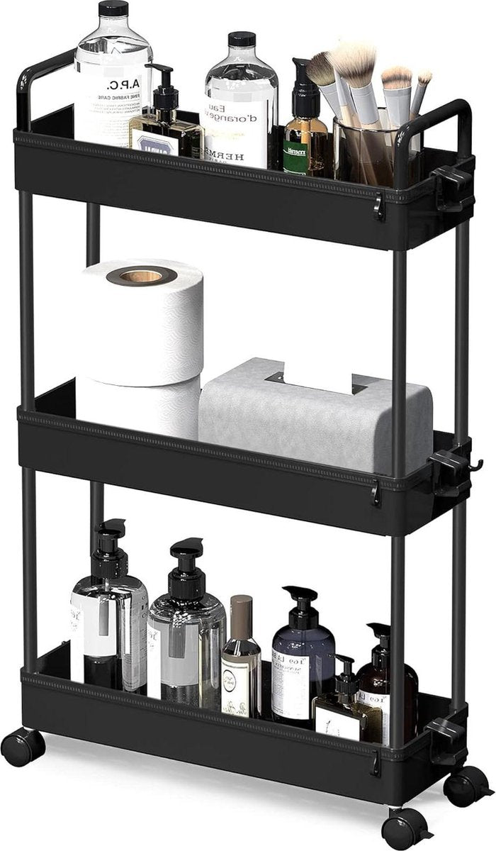 Opbergtrolley – 3-laags – Uitschuifbaar – Zwart – Keuken Badkamer Slaapkamer Wasrek