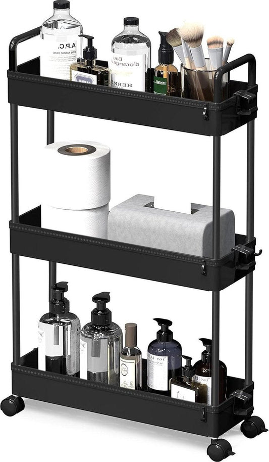 Opbergtrolley – 3-laags – Uitschuifbaar – Zwart – Keuken Badkamer Slaapkamer Wasrek