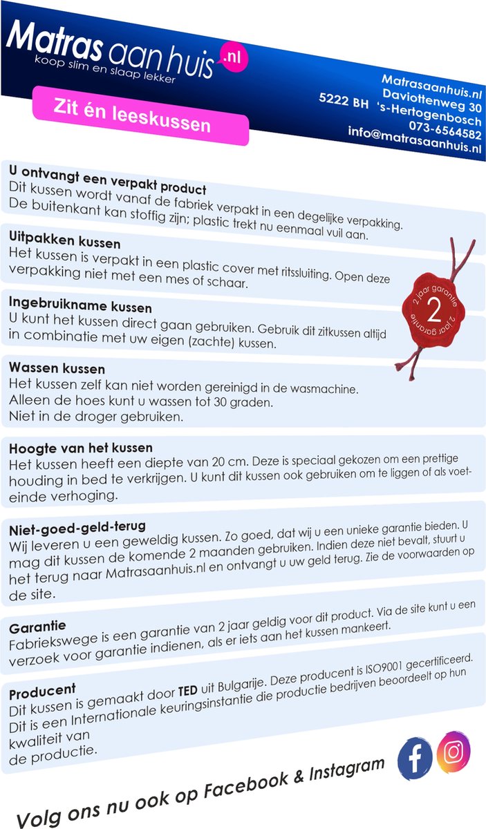 Zit- of leeskussen voor in bed | stevig kussen | 60x50x19 cm | driehoek | ÖKO-TEX® gecertificeerd