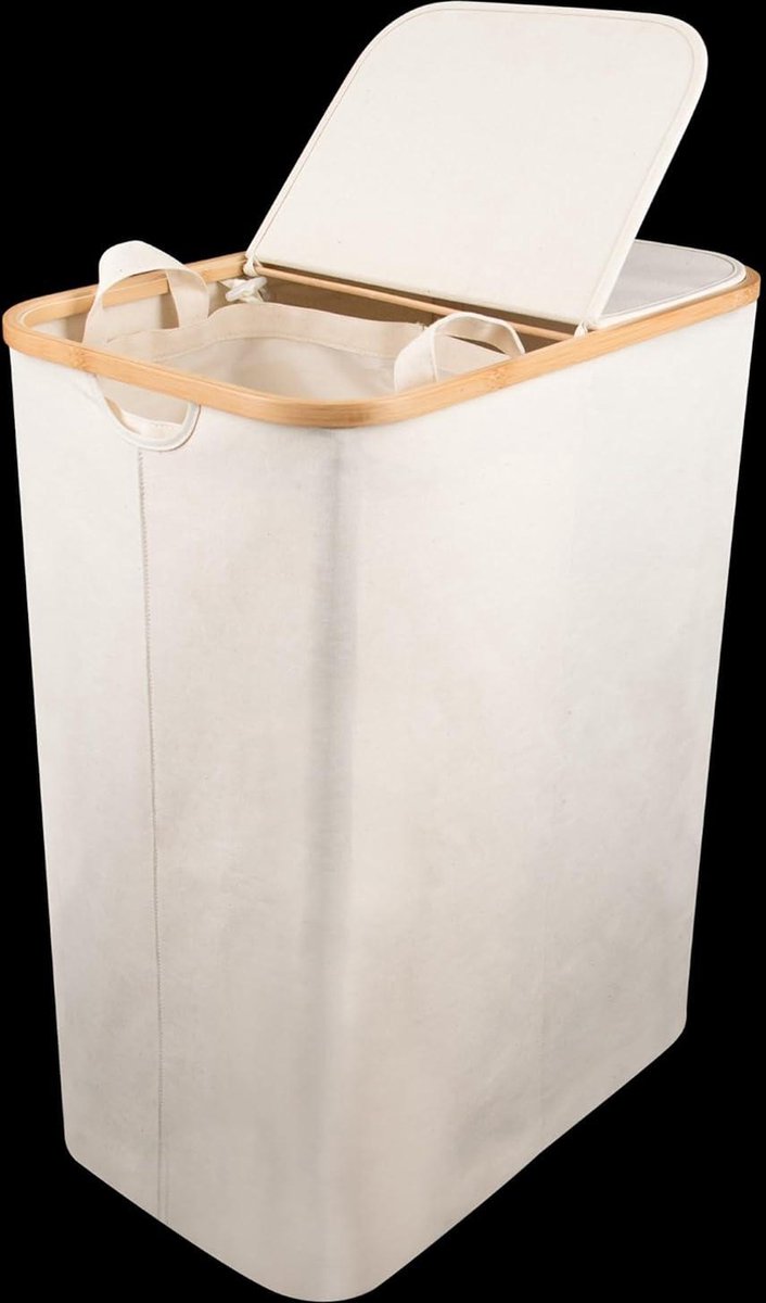Light Laundry Basket 2 compartments with lid 150 liters bamboo fabric large XXL sorting system laundry collector - beige - Celeko