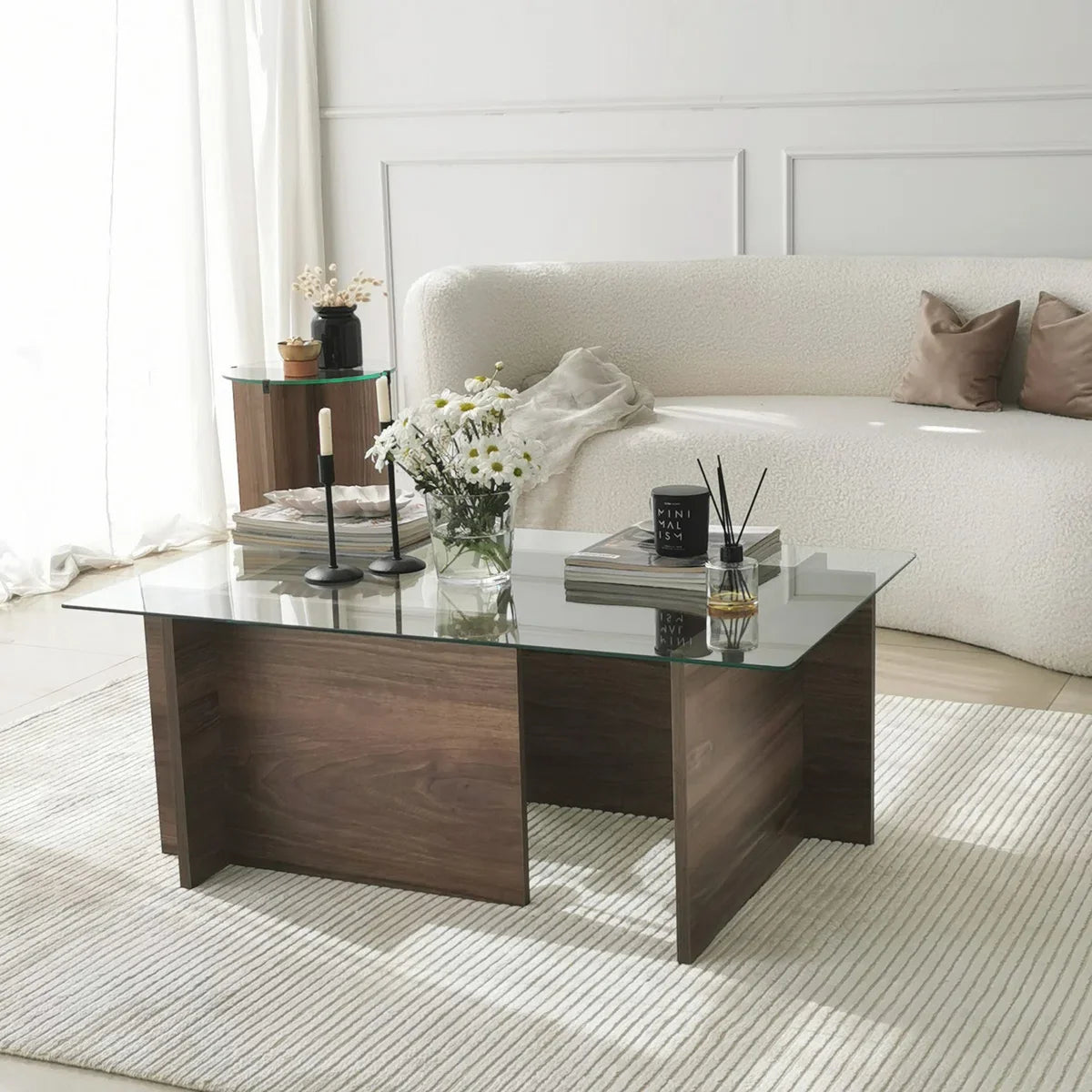 Coffee table - Walnut Finish - Tempered Glass - Dimensions 105x65x40cm - Stylish Table for every Living Room