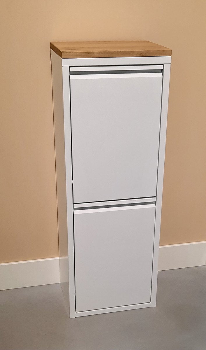 Design afvalbak - afvalscheider met 3 verschillende maten binnenemmers - 33 liter totaal - met eiken paneel - wit