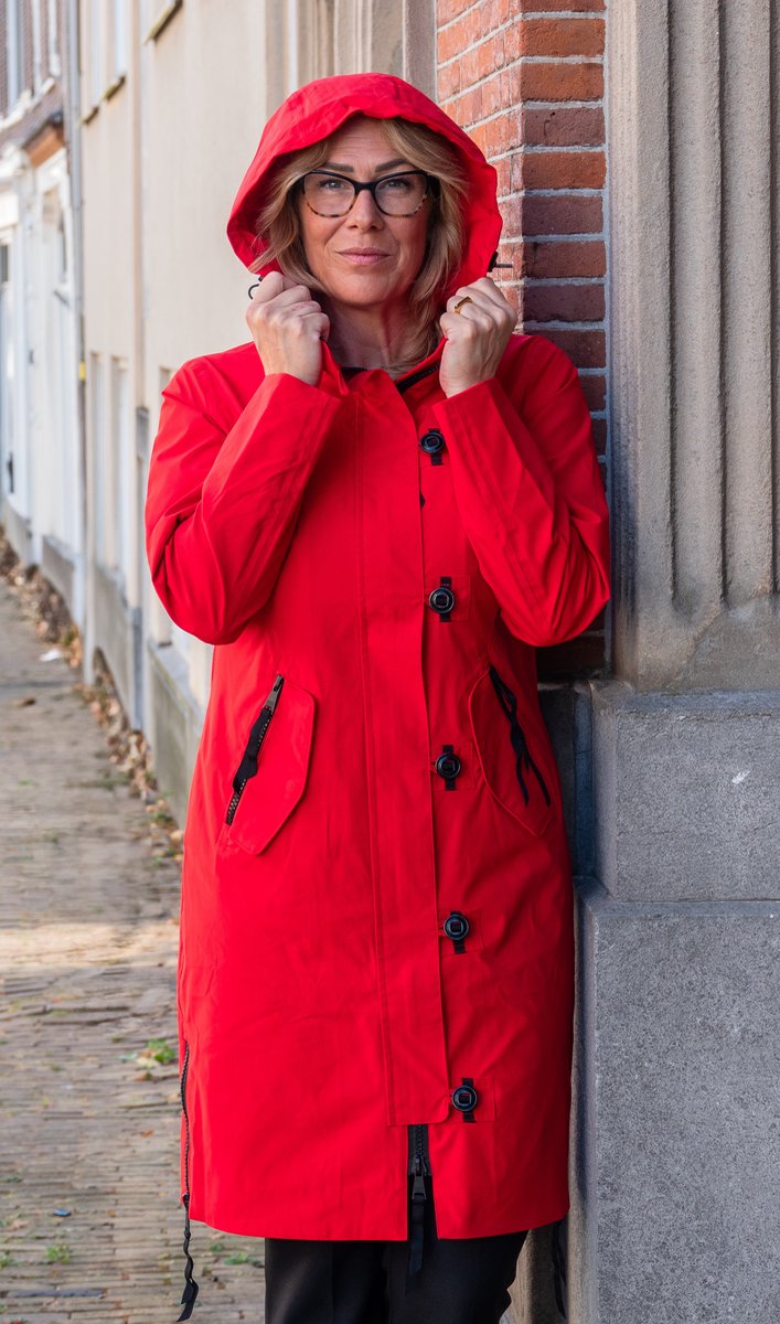 Long women's in-between jacket - Water-repellent & fitted - Red - Size 36