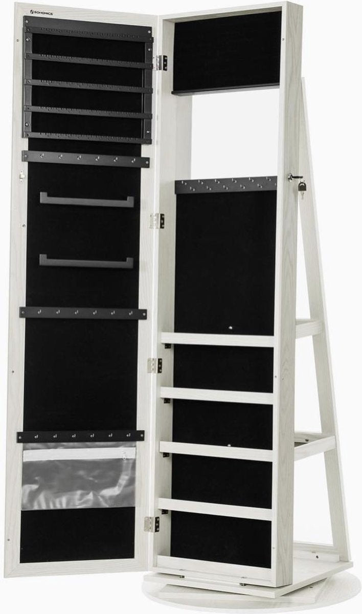Jewellery cabinet with 160 cm high mirror, lockable, 360° rotatable with ladder rack JBC62W