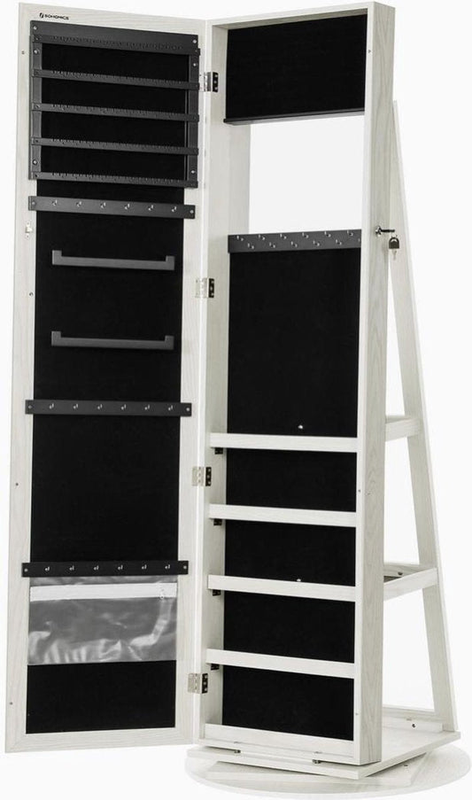 Jewellery cabinet with 160 cm high mirror, lockable, 360° rotatable with ladder rack JBC62W