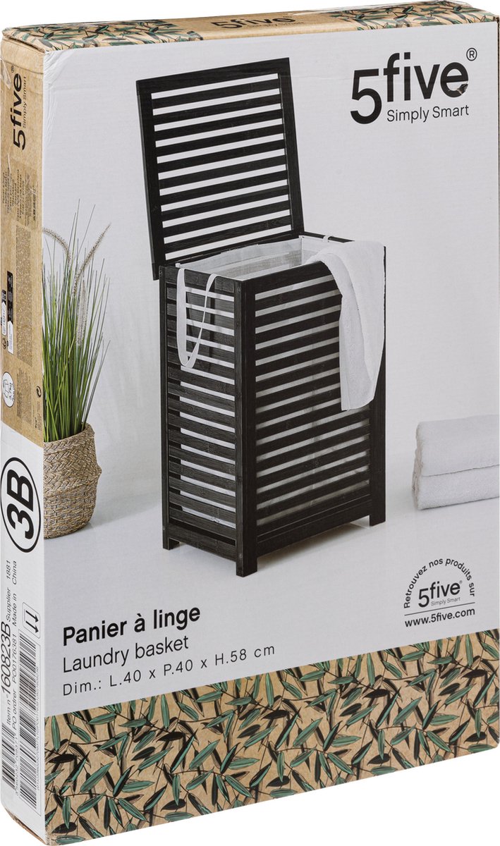 Zwarte bamboe wasmand 75 Ltr met deksel en waszak 40x38x58 cm - Zwart