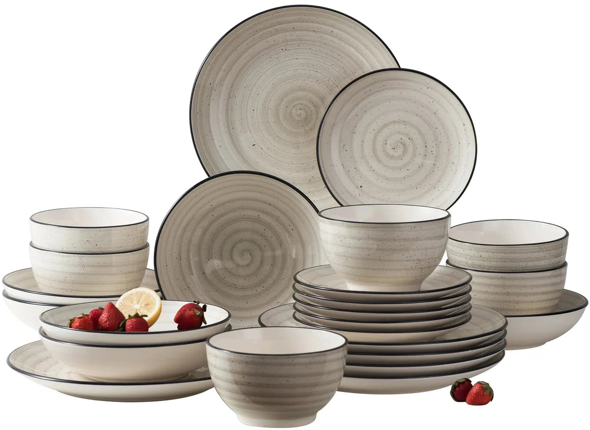 Serviesset - Serviesset 6 persoons - Serviessets - Beige Patroon - Porselein - 24-Delig Servies - Dinerbord - Dessertbord - Kom - Soepkom