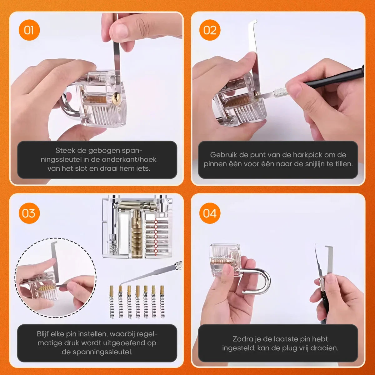Lockpick set 46 stuks - Meest uitgebreid - Voor beginners en gevorderden - Survivalset - Incl. 4 doorzichtige sloten + 3 bonus levels - Handleiding