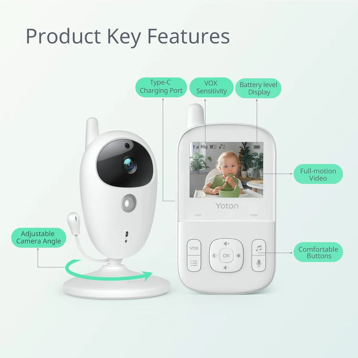 Babyfooncamera met 2,7 inch LCD-scherm, nachtzicht en temperatuurbewaking - Tweeweggesprek en USB-C oplaadkabel inbegrepen