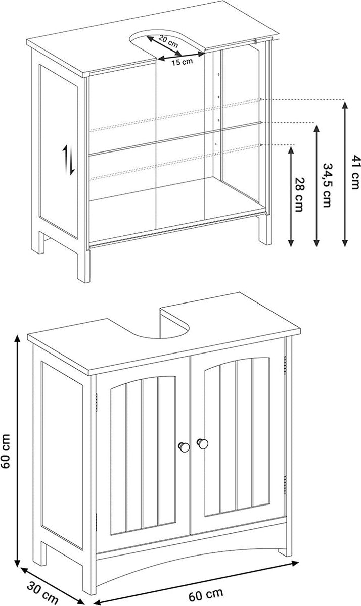 Wastafelonderkast, onderkast, wastafelmeubel, badkamerkast met 2 deuren, verstelbare plank 60 x 30 x 60 cm, wit BBC01WT