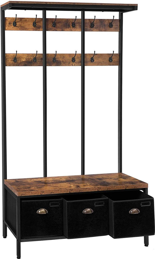 Kapstok, grote garderobe, kledingstandaard met 12 haken, zitvlak met 3 opbergdozen, schoenenbank, stabiel, industrieel, voor entree, woonkamer, slaapkamer