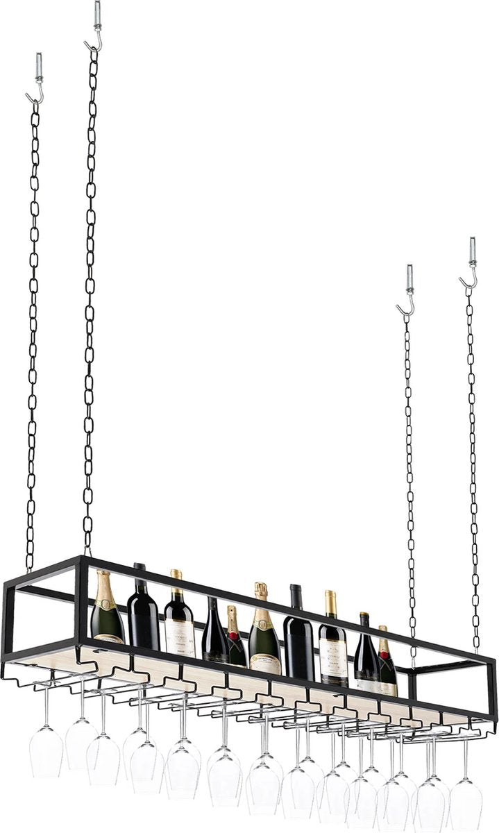 Wine Rack - Hanging - With Glass Holder - Adjustable Chains up to 1M - Industrial - Ceiling Mount - 110cm - Load Capacity 75 kg