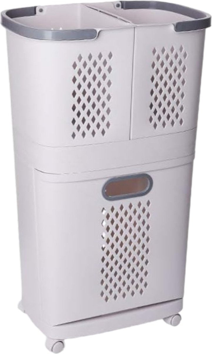 Laundry Basket 3 Compartments - White - Laundry Basket with Wheels - Laundry Sorter with Three Compartments - Plastic Laundry Basket