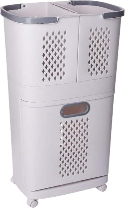 Laundry Basket 3 Compartments - White - Laundry Basket with Wheels - Laundry Sorter with Three Compartments - Plastic Laundry Basket