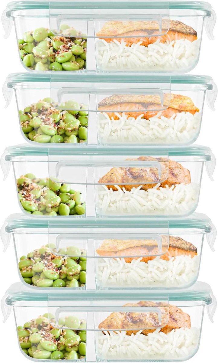 Glass Meal Prep Containers - 2 Compartments & Lids - Food-Grade BPA-Free - Leakproof & Airtight - Microwave Freezer Dishwasher Safe (5 Pack) Meal prep bakjes
