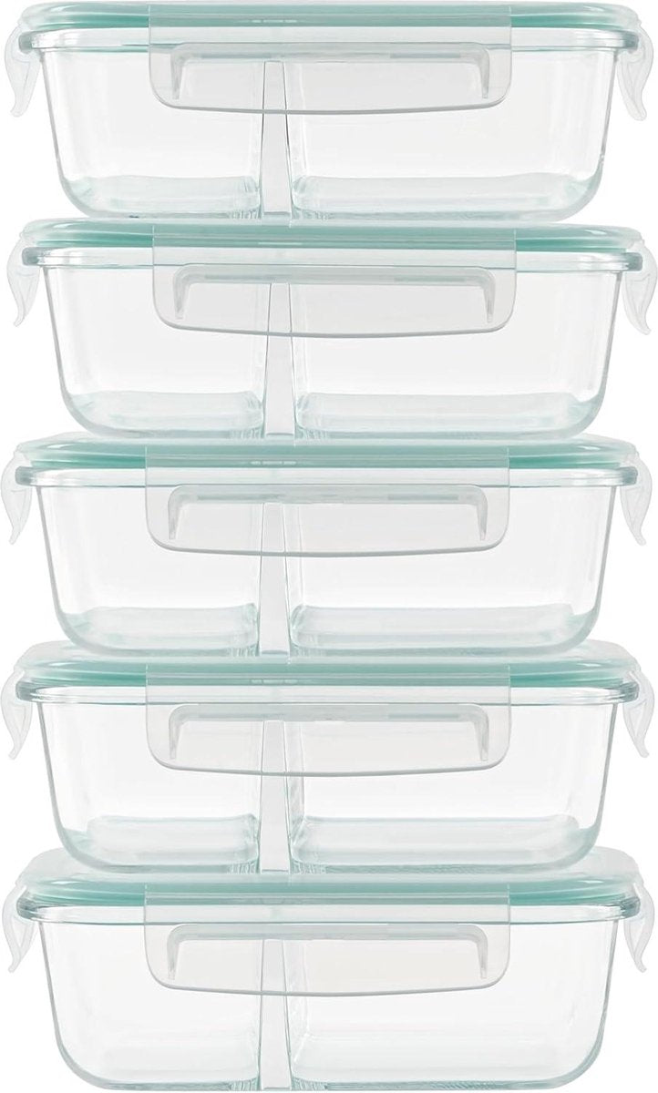 Glass Meal Prep Containers - 2 Compartments & Lids - Food-Grade BPA-Free - Leakproof & Airtight - Microwave Freezer Dishwasher Safe (5 Pack) Meal prep bakjes