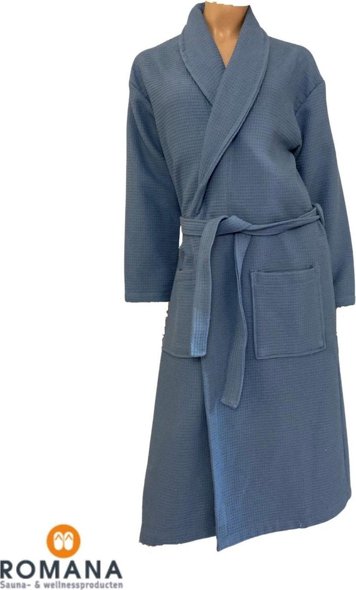 Romana Products Wafel - Badjas Gevoerd - Kamerjas - Ochtendjas - Denim Blauw - Maat L - Luxe Wellness - Comfortabel en Stijlvol
