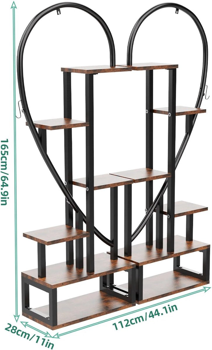 Plantenstandaard - Plantenrek - Plantentafel - Voor Binnen En Buiten - Hartvorm - 112x28x165cm - Zwart - Bruin