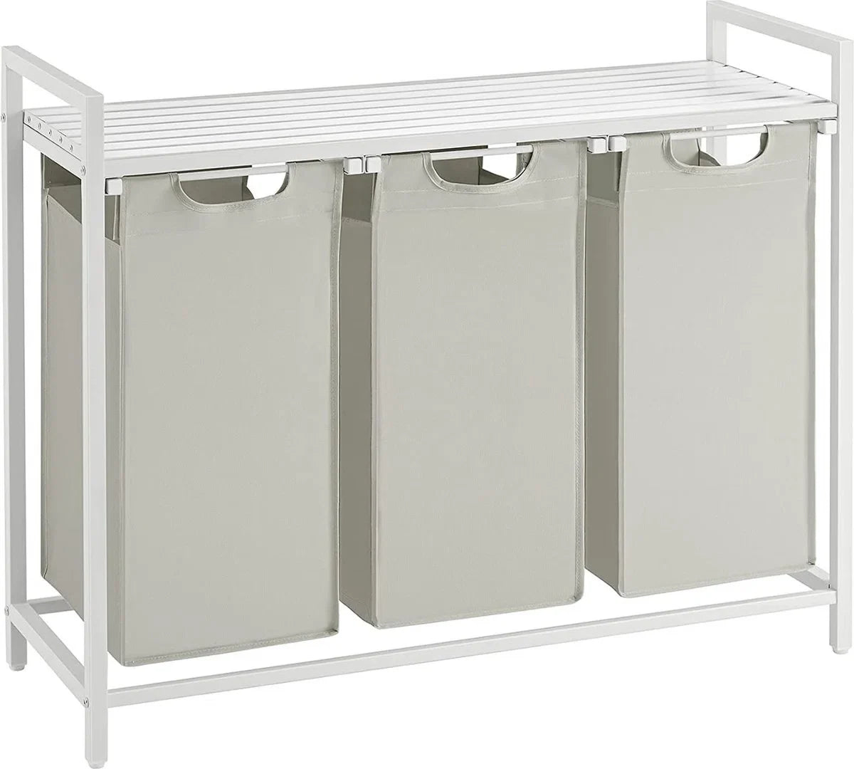 Wasmand 3 vakken – wassorteerder - uitschuifbaar met plank - 92.5 x 33 x 71 cm – wasmand - 168 L verdeeld over 3 zakken – wasmanden – wasmand wit metaal - wit hout