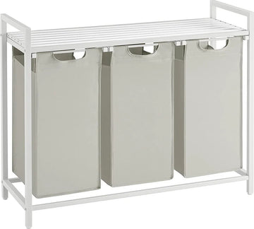 Wasmand 3 vakken â€“ wassorteerder - uitschuifbaar met plank - 92.5 x 33 x 71 cm â€“ wasmand - 168 L verdeeld over 3 zakken â€“ wasmanden â€“ wasmand wit metaal - wit hout
