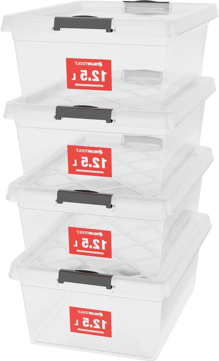 Opbergdozen 4x 125 L met deksel voedselveilig - Sluitclips - Plastic doos transparant - Kledingdozen stapelbaar