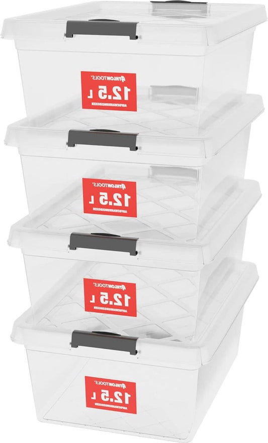 Opbergdozen 4x 125 L met deksel voedselveilig - Sluitclips - Plastic doos transparant - Kledingdozen stapelbaar