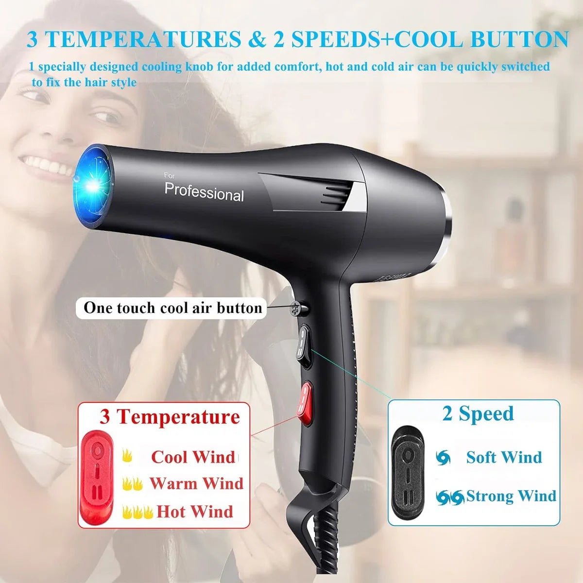Professional Hair Dryer with AC Motor - Incl. 3 Hair Brushes & 2 Nozzles - Hair Dryer with Diffuser - Quick Drying - 2400W