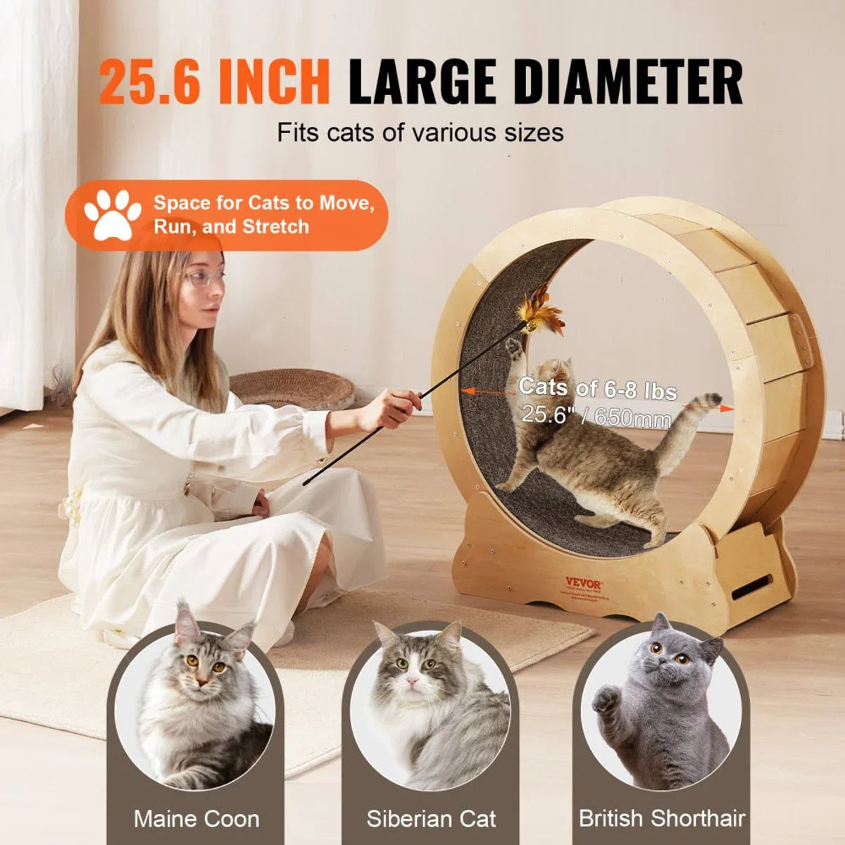 Cat Exercise Wheel 750x320x800mm Cat Exercise Wheel Made of Birch and Poplar Plywood Cat Wheel Low Noise Removable Inner Mat Cat Wheel Suitable for Cats Weighing 2.72 to 3.63 kg