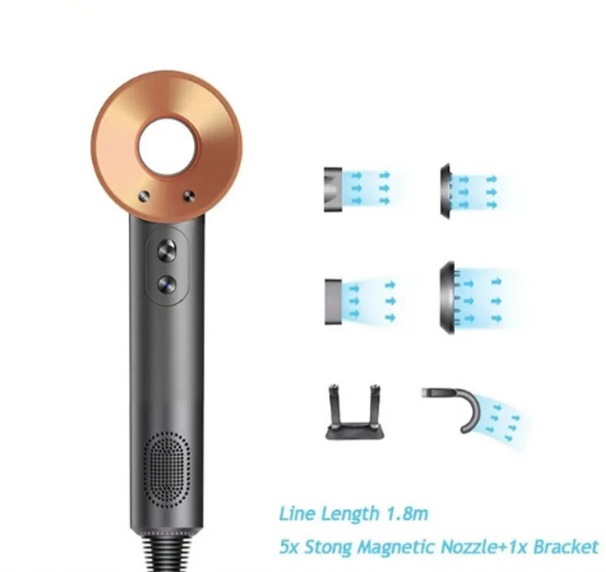 Föhn met Diffuser - Ionische Haardroger - Professionele Haardroger - Rijk uitgerust - Inclusief 6 accessoires - 3 Standen - Goud