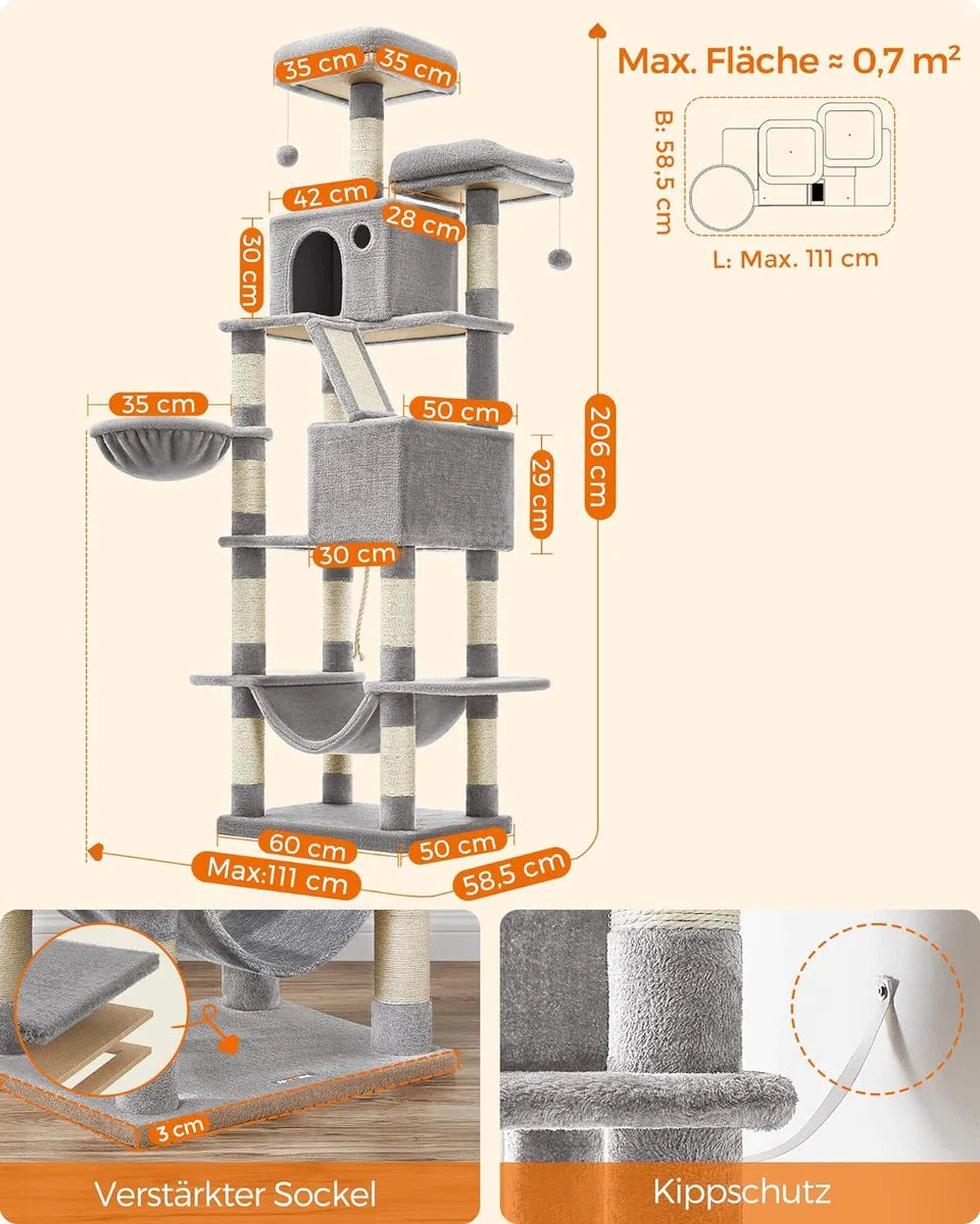 Scratching post, 206cm high scratching post with 13 scratching posts, 1 scratching ramp, 2 platforms, 2 caves, basket, hammock, pompoms, multi-level cat scratching post for large cats, Light Grey