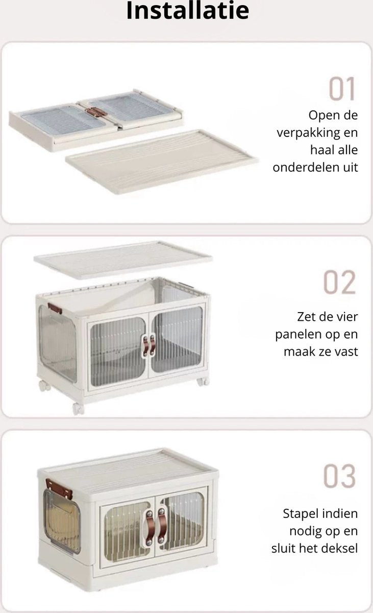 Opbergkast - Opvouwbaar - Opbergkasten met deuren - Met wielen - Opbergdozen - Opbergbox - Breedte 63cm - 2 lagen - Opbergen - Organizer - Opruimen - Keuken - Badkamer - Woonkamer - Slaapkamer