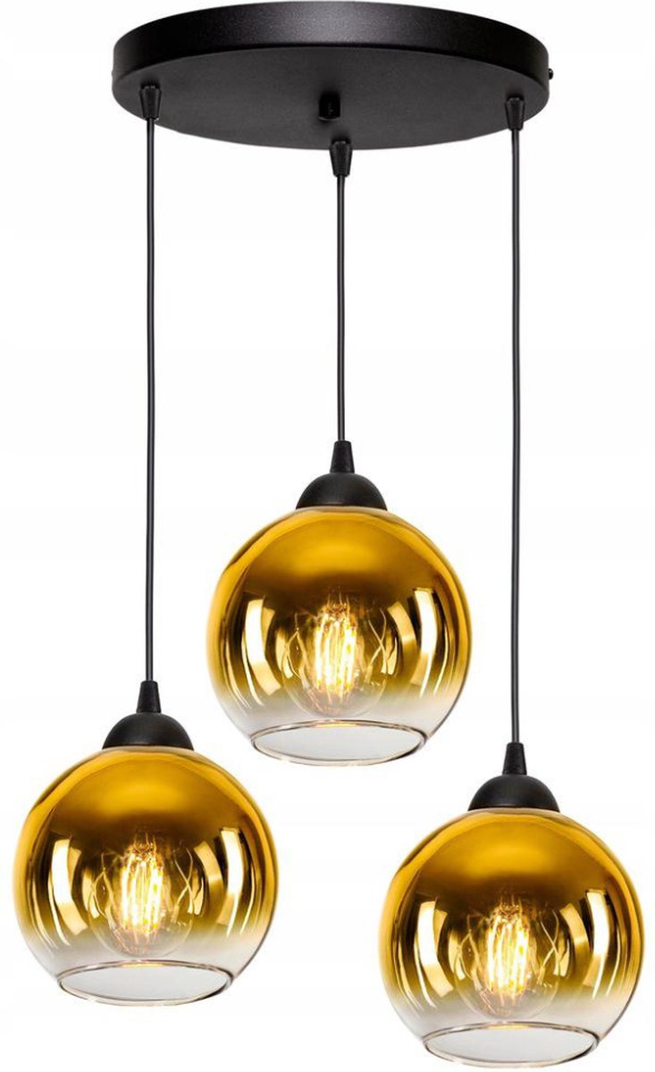 Pendant Light Industrial for Living Room, Dining Room - Smoked Glass - 3-Light - 3 Globes - Gold Glass