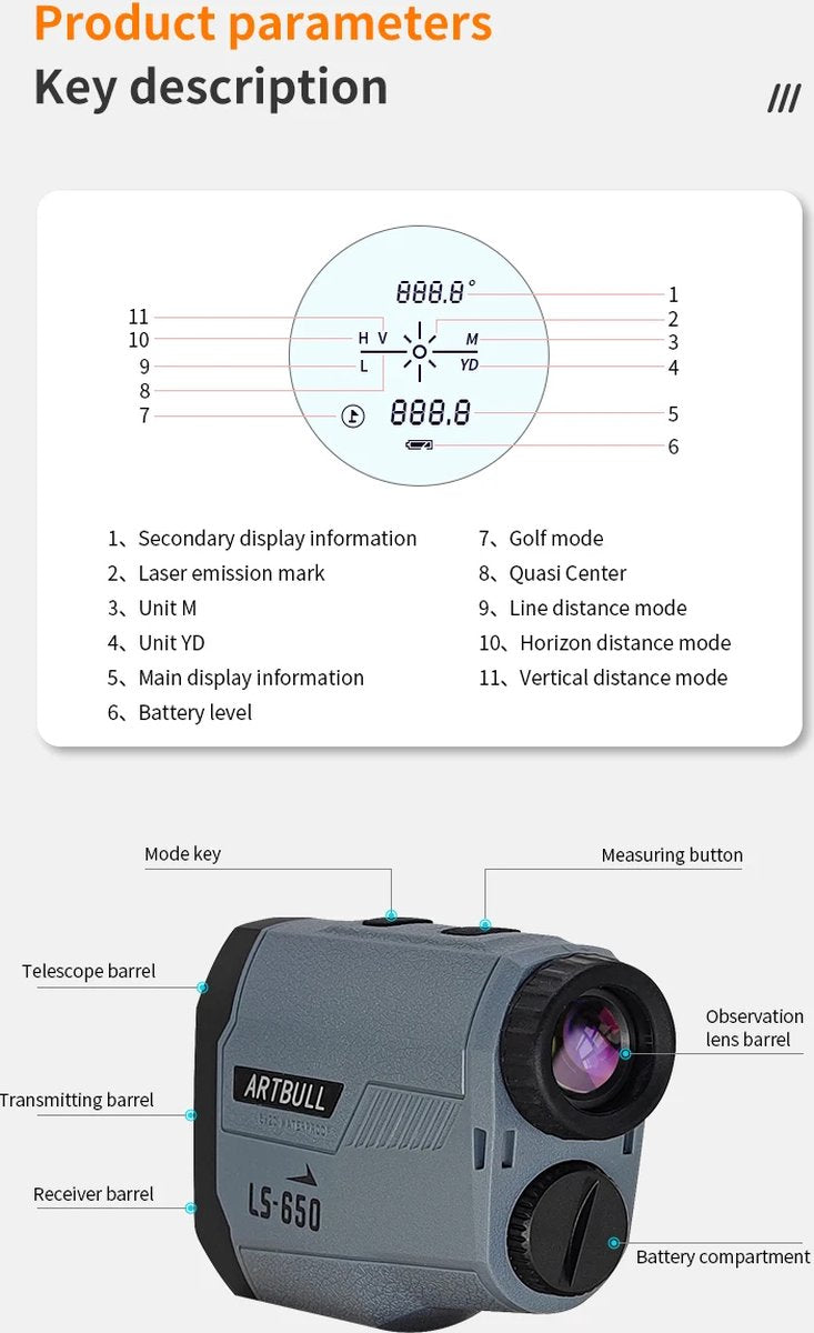 Afstandsmeter Golf - Laser Afstandsmeter Golfpro - 650M - Golftrainingsmateriaal - Golf Accessoires - vlag-lock - meerdere modi mogelijk
