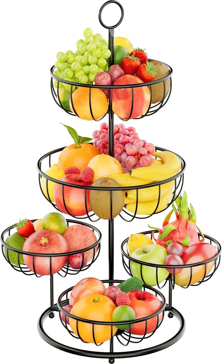 5-laagse fruitmand, metalen fruitschaalrek voor meer ruimte op het werkblad, moderne fruitschaalorganizer, fruitopslag voor brood, snacks, groenten (zwart)