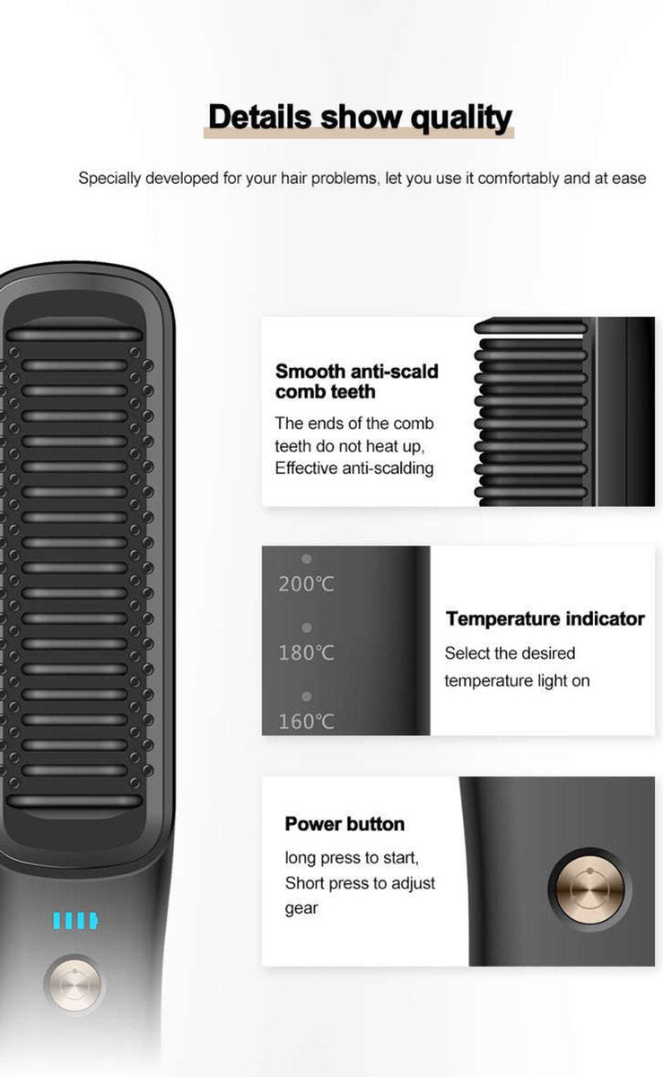 Wireless Straightening Brush - Heated Brush - Straighten Hair - Brush - Wireless - Hair Care - Hot Air Brush - Rechargeable - Hand Brush - 160-180-200 Degrees - Women