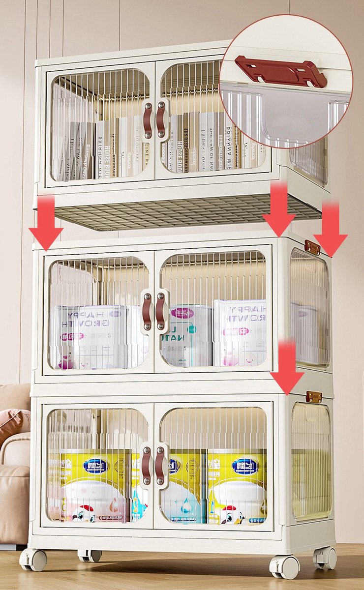 Opbergkast - Opvouwbaar - Opbergkasten met deuren - Met wielen - Opbergdozen - Opbergbox - Breedte 63cm - 2 lagen - Opbergen - Organizer - Opruimen - Keuken - Badkamer - Woonkamer - Slaapkamer