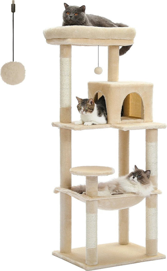 Rakmishop - Krabpaal - 5 Verdiepingen - Kattentoren - Krabpaal - Krabpaal voor grote katten - Krabtoren - 143x50x45 cm - Beige