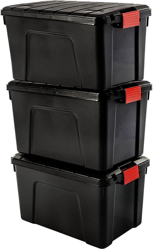 Large Plastic Storage Organizer Boxes With Lid and Clips Closure 60L Set of 3 - Stackable - Ergonomic Handles - BPA-Free - For Attic Shed Garage - Black transparent box