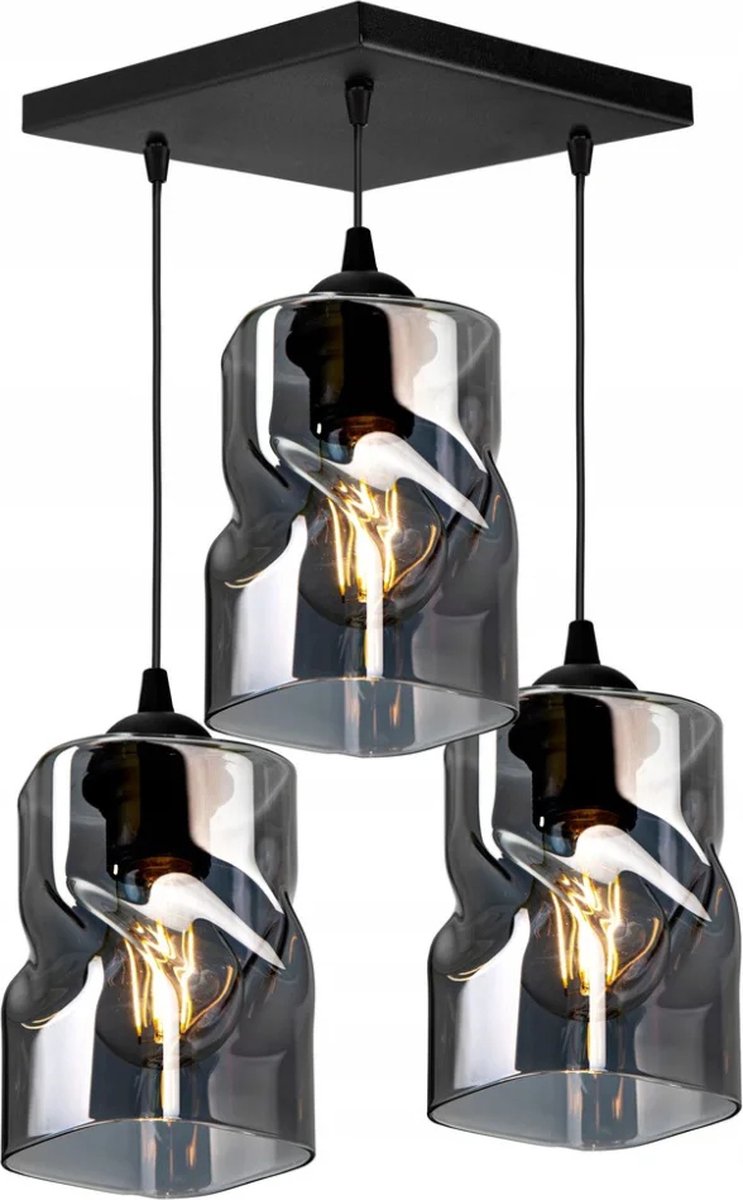 Plafondlamp Industrieel Smoke / Zwart - 3-lichts - Vierkante montageplaat - Glas - Hanglampen Eetkamer, Slaapkamer, Woonkamer 'TwistLux'