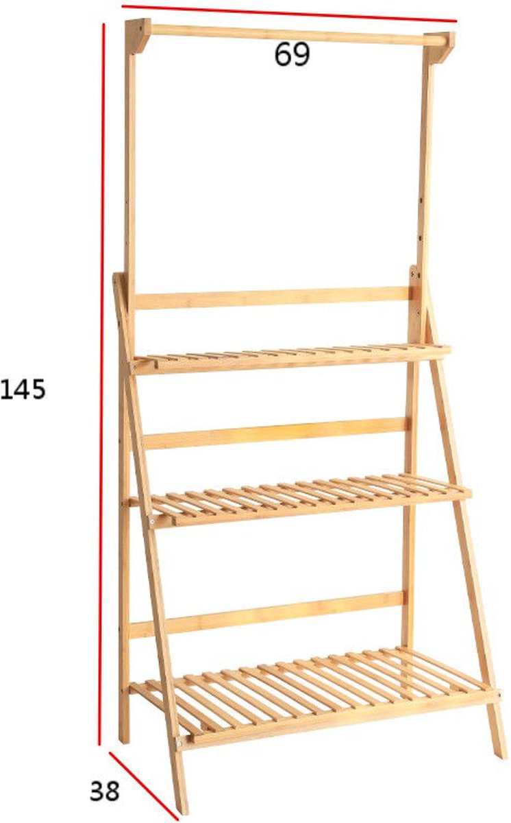 Decopatent® Plantenrek met 3 etages + Stang voor Hangplanten - Bamboehout staand binnen Plantentrap - Bloemenrek - Plantenetagere