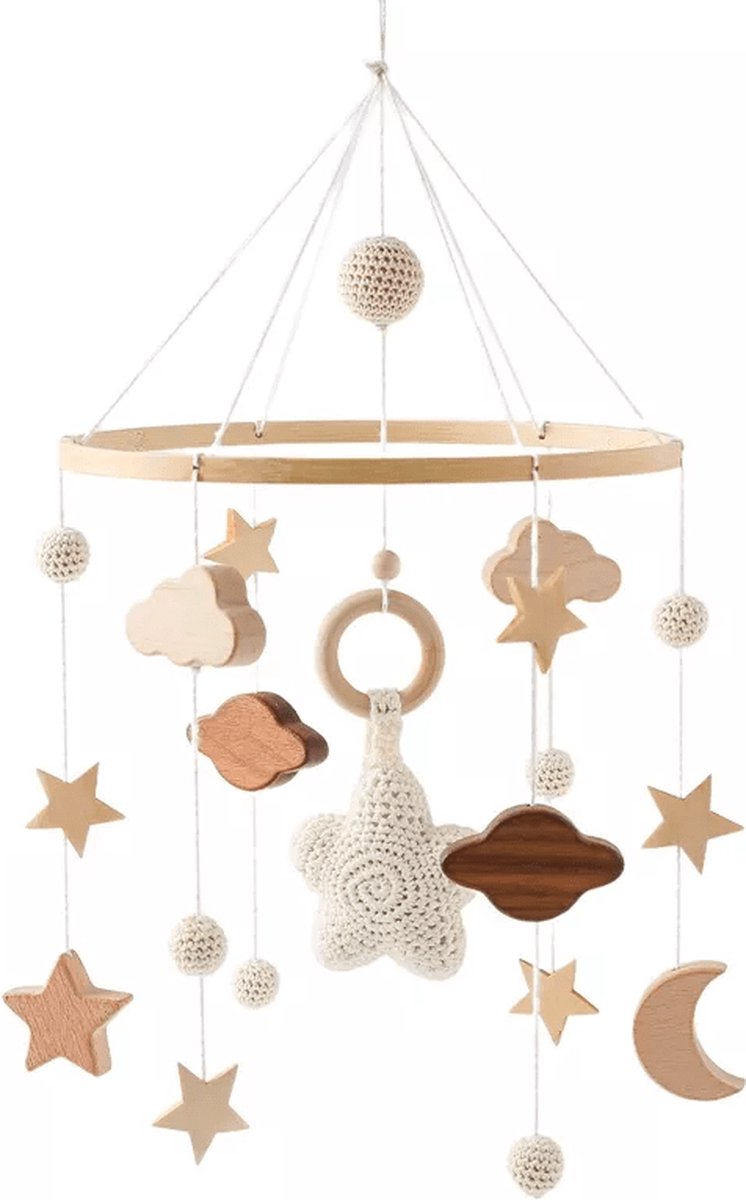Baby Mobiel Sterren + Luxe 360° Verstelbare Houten Mobiel Houder - Boxmobiel – Babyshower Cadeau – Wieg Mobiel – Kraamcadeau