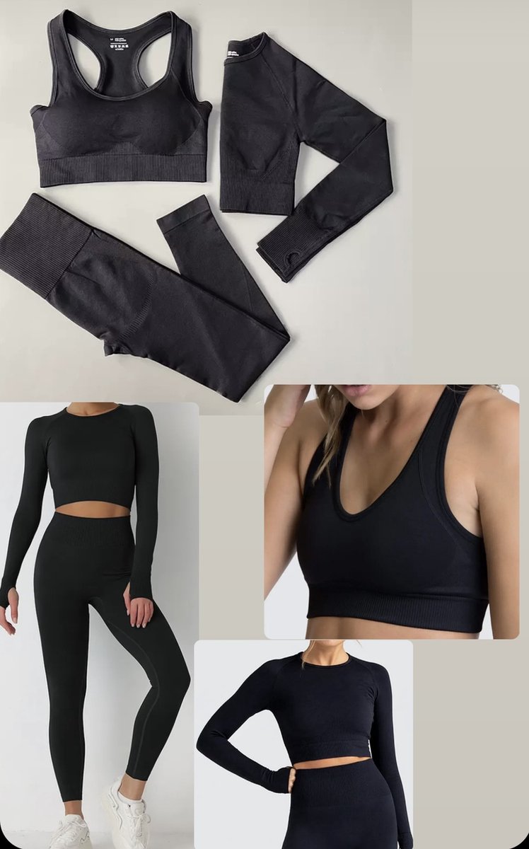Gymset SOFT - 3-delig - Zwart - Maat L - Fitness Kleding - Sportoutfit - Sportlegging - Sporttop - Fitness set -Fitnesslegging en top - Gymlegging en top - Yoga legging en top - Yoga set