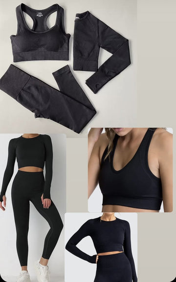 Gymset SOFT - 3delig - Zwart - Maat L - Fitness Kleding - Sportoutfit - Sportlegging - Sporttop - Fitness set -Fitnesslegging en top - Gymlegging en top - Yoga legging en top - Yoga set