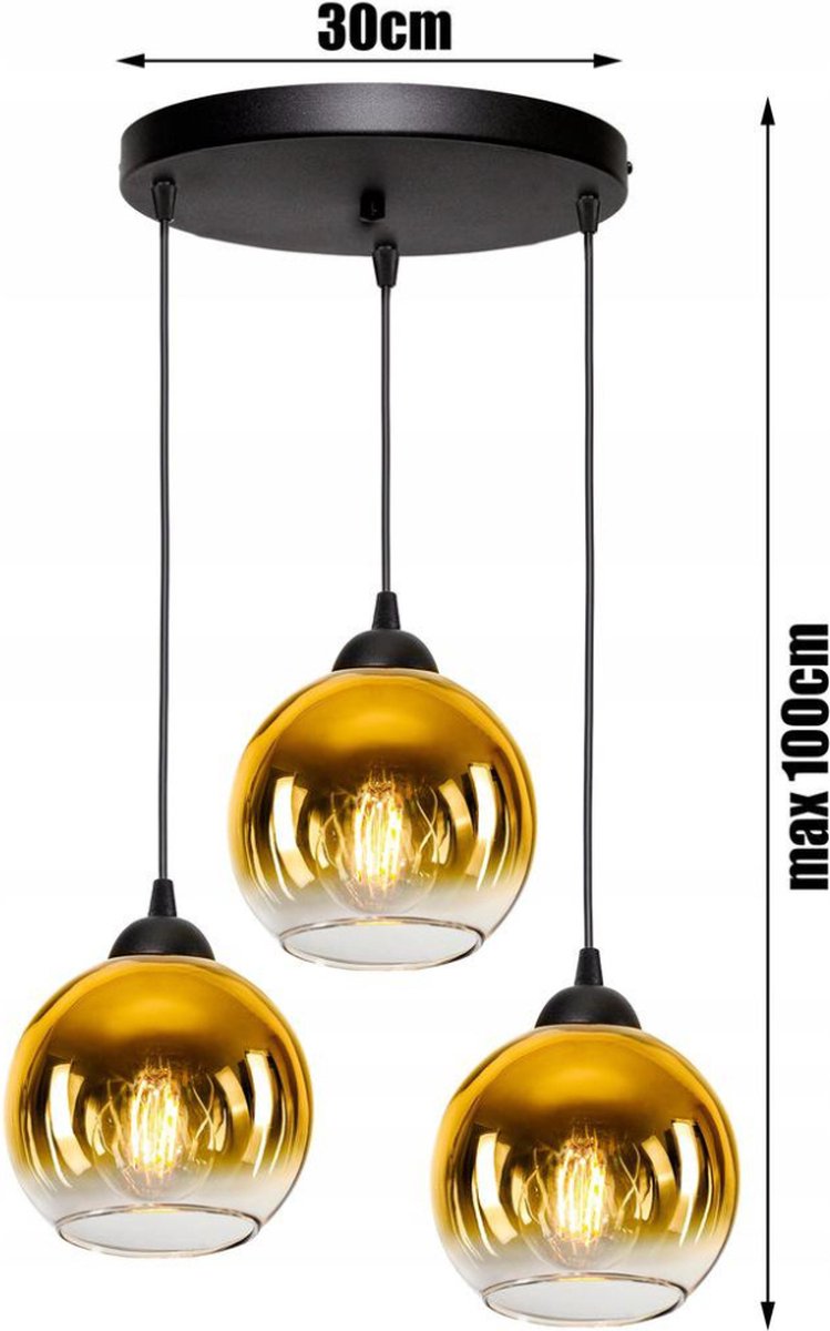 Pendant Light Industrial for Living Room, Dining Room - Smoked Glass - 3-light - 3 bulbs - Gold Glass