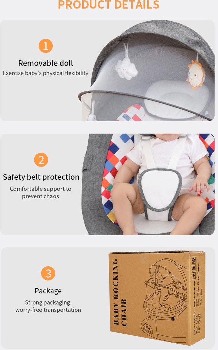 Luxe schommelstoel - Elektrische babywipstoel - Babystoel - Babyswing - Lichtgewicht - Bluetooth