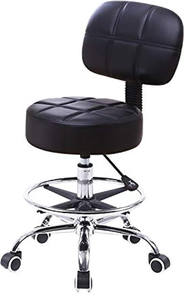 Height Adjustable Stool with Backrest - PU Leather Salon Chair with Wheels - Black
